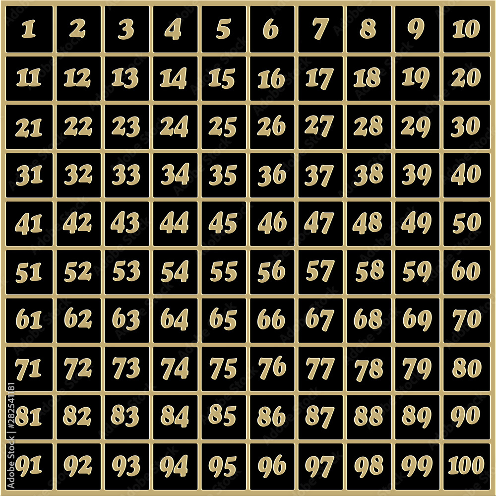 Grid Of Numbers 1 To 100 In Gold On Black Stock Illustration | Adobe Stock