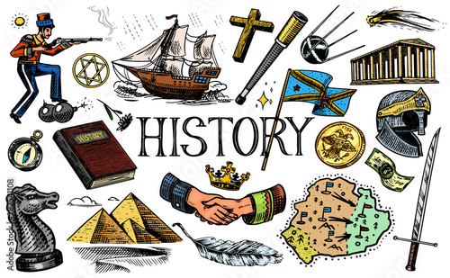 The history of people, science and education, religion and travel, discoveries and old ancient symbols. Retro ship, chess and handshake, warrior and satellite. Hand drawn engraved vintage sketch.