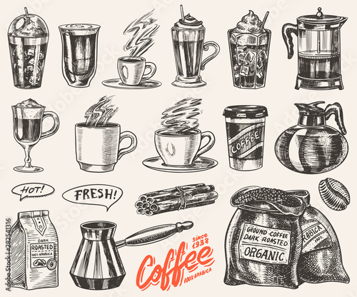 Set of cups of coffee in vintage style. Take away Cappuccino and Glace, espresso and latte, mocha and Americano, frappe in a glass. Hand drawn engraved retro sketch.
