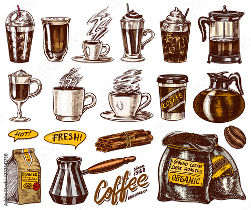 Set of cups of coffee in vintage style. Take away espresso and latte, mocha and Americano, Cappuccino and Glace, frappe in a glass. Hand drawn engraved retro sketch.