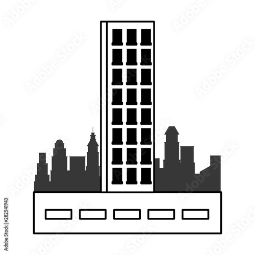 Office building on the street at city in black and white