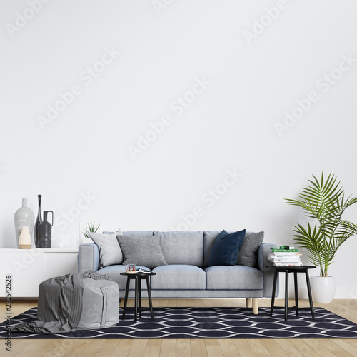 Interior Living Room Wall Background Mockup with Furniture and Decoration - 3d rendering  3d illustration