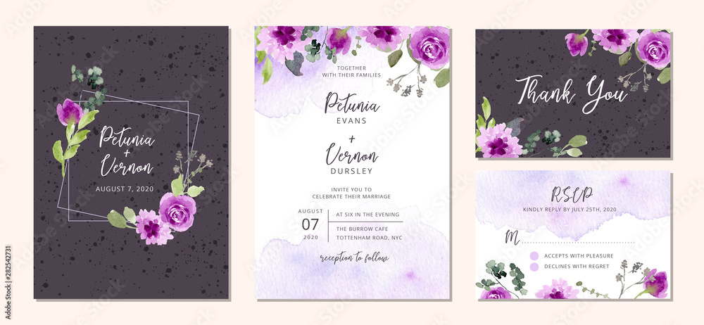 wedding invitation suite with purple floral and splatter watercolor