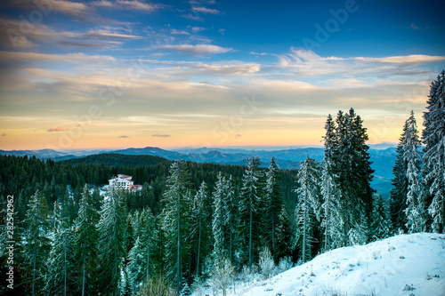 winter landscape with lake and forest