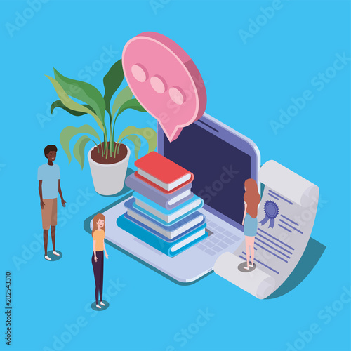online education with laptop and mini people
