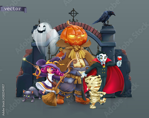 Happy Halloween. Pumpkin scarecrow, witch, mummy, vampire. 3d vector illustration