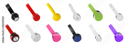 Set of different modern headphones on white background. Banner design