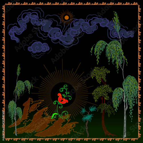 Palekh miniature Fairy Red Flower. Vector illustration in style of russian folk handicraft - Palekh lacquer art. 