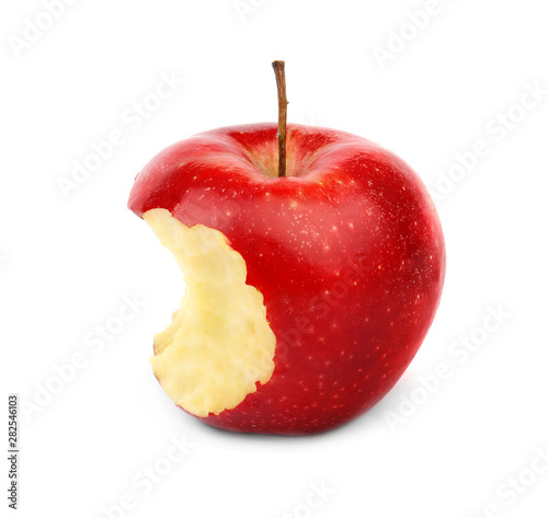 Obraz na plátně Ripe juicy red apple with bite mark on white background