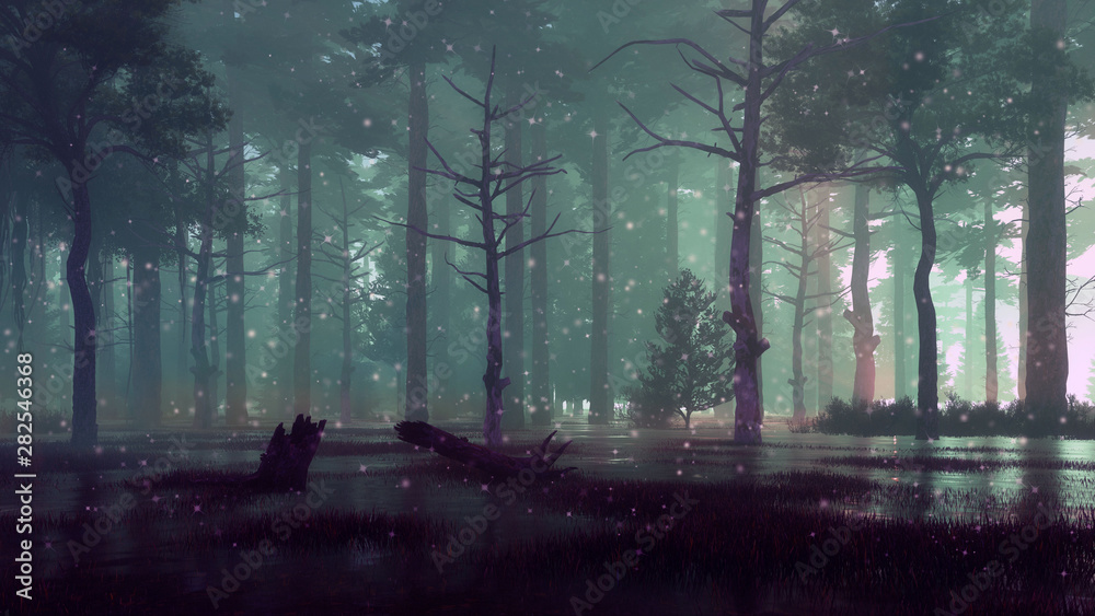 Fototapeta Wróżka świetlik światła na leśnym bagnie w ciemn