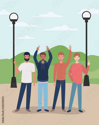 interracial young men group in the park characters