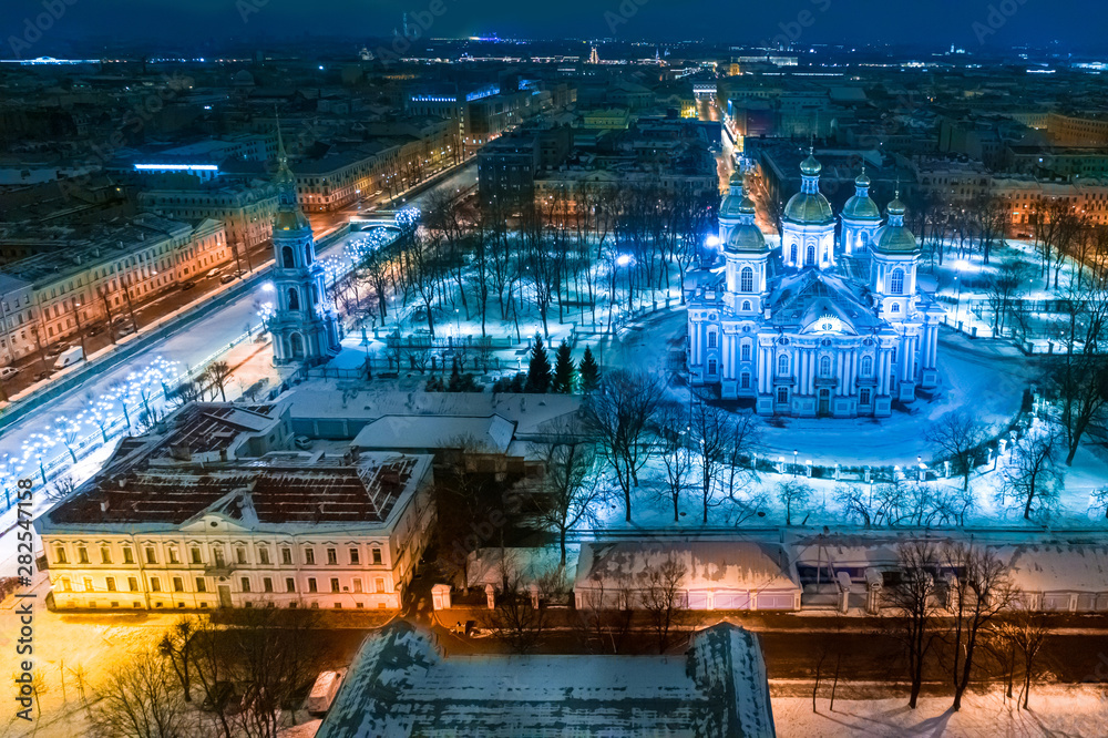 Panorama of St. Petersburg from a height. Cathedrals Of St. Petersburg. View of the evening city with a quadcopter. St. Nicholas naval Cathedral. Travel to Russia in winter. Sights Of Russia.
