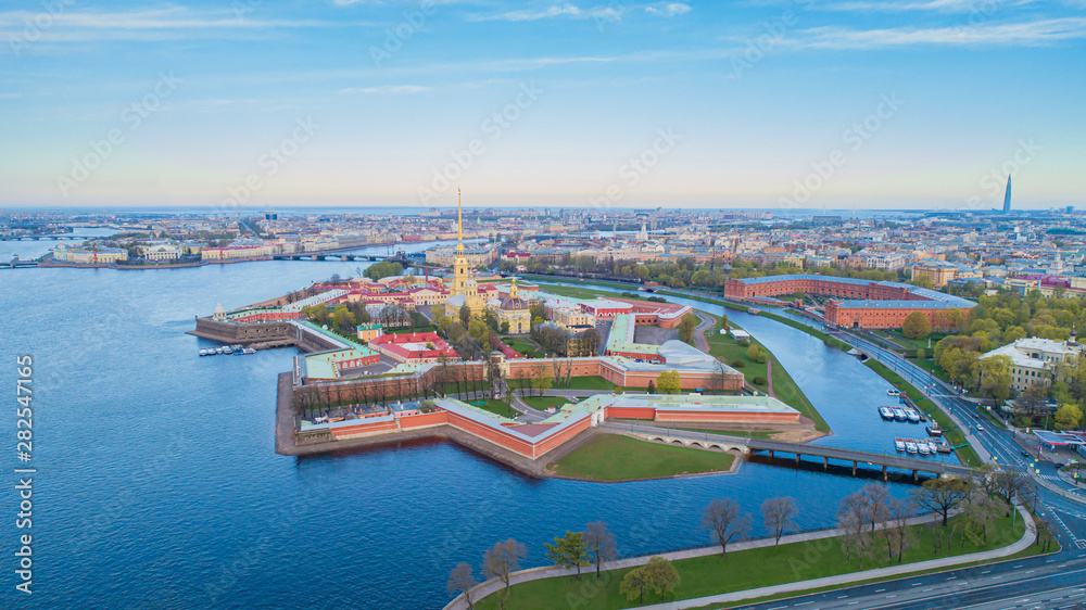 Russia. View of St. Petersburg from a height. Petropavlovskaya fortress. Hare island. Panorama of the center of SPb with a quadcopter. The River Neva. Rivers Of St. Petersburg. Summer trip to Russia