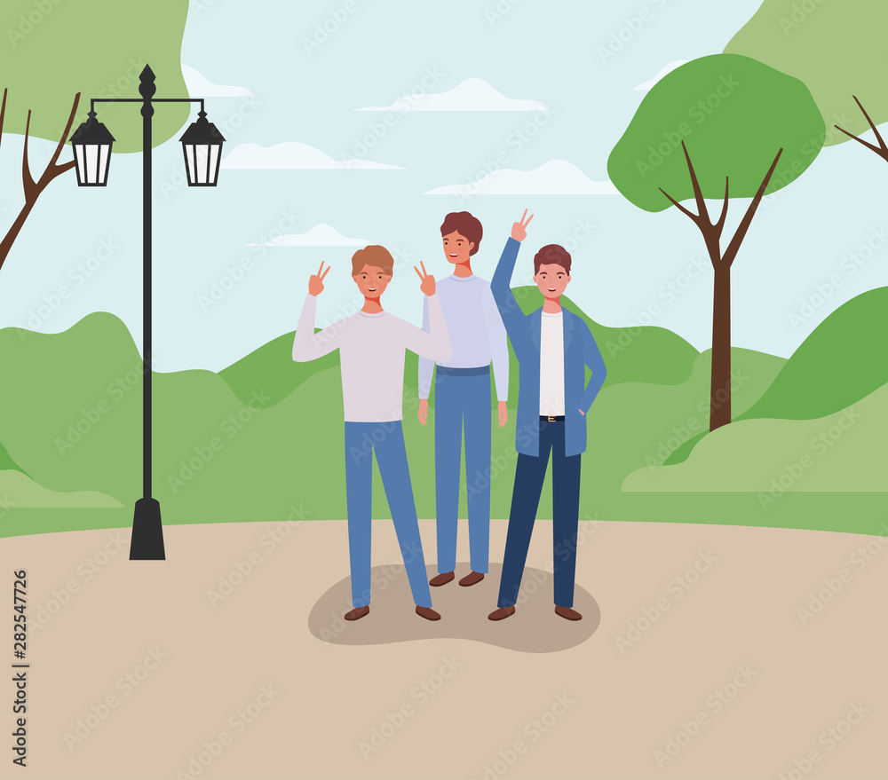 young and casual men in the park characters young and casual men in the park characters