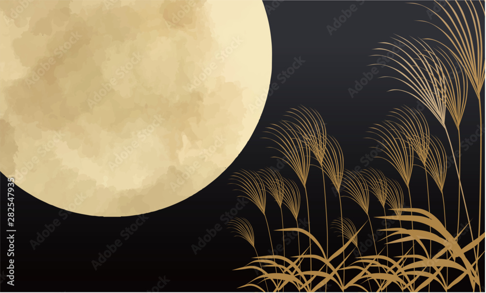 満月 十五夜 月 スーパームーン すすき 10月 お団子 和風 日本 日本風 和柄 和風 和 星 夜空 Stock ベクター Adobe Stock