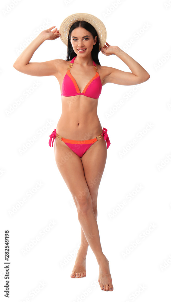 Beautiful young woman in stylish bikini with hat on white background Beautiful young woman in stylish bikini with hat on white background
