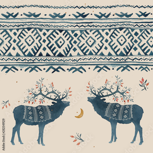 Seamless pattern with watercolor winter Scandinavian deer and national ornament in blue colors on a black background