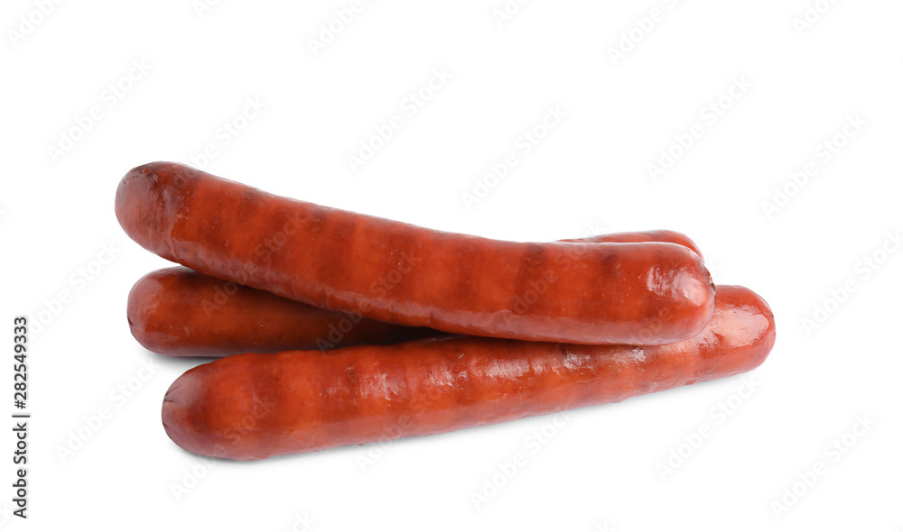 Delicious grilled sausages on white background. Barbecue food Delicious grilled sausages on white background. Barbecue food