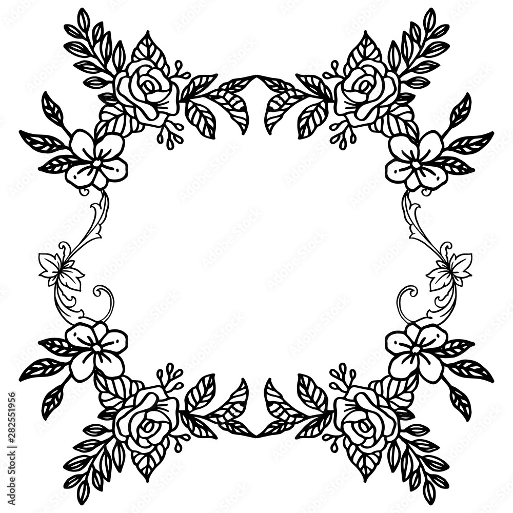 Various pattern of card, black line art on white backdrop, leaves and wreath frame. Vector