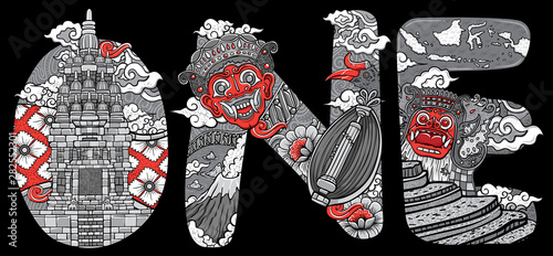 custom font lettering doodle traditional mask illustration prambanan temple indonesia
