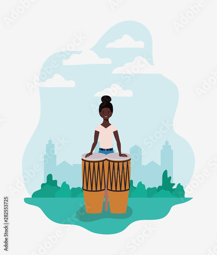 afro woman playing bongos character