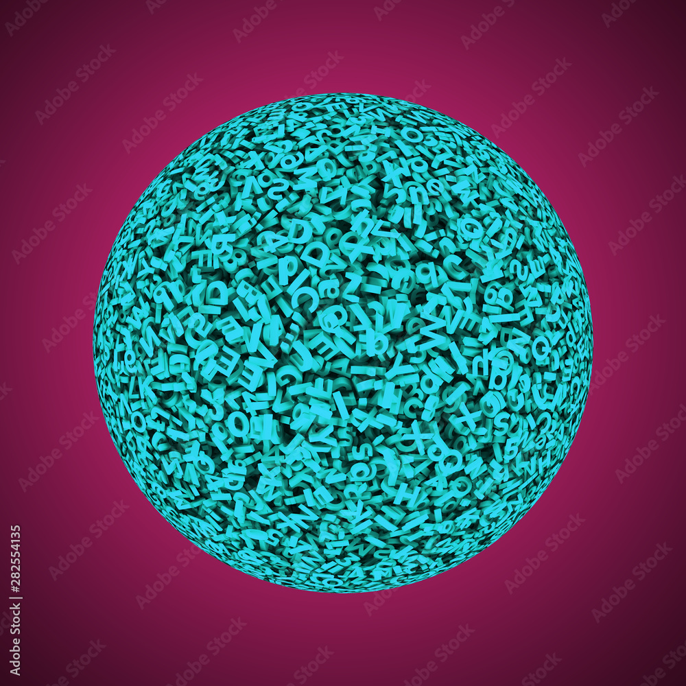 Big data concept. Huge amount 3d letters and numbers of blue ball, isolated on dark red background, 3D illustration.