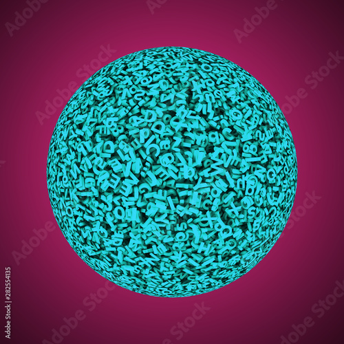 Big data concept. Huge amount 3d letters and numbers of blue ball  isolated on dark red background  3D illustration.