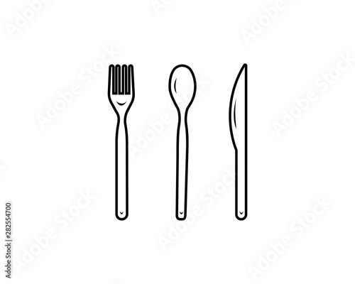 Abstract logo of a cafe or restaurant. A spoon  knife and fork on a plate. A simple outline
