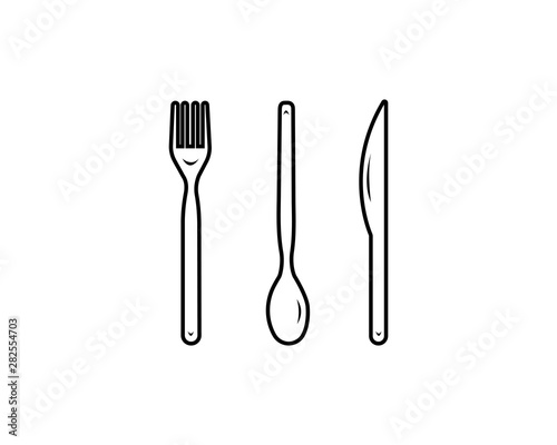 Abstract logo of a cafe or restaurant. A spoon  knife and fork on a plate. A simple outline