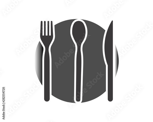 Abstract logo of a cafe or restaurant. A spoon, knife and fork on a plate. A simple outline