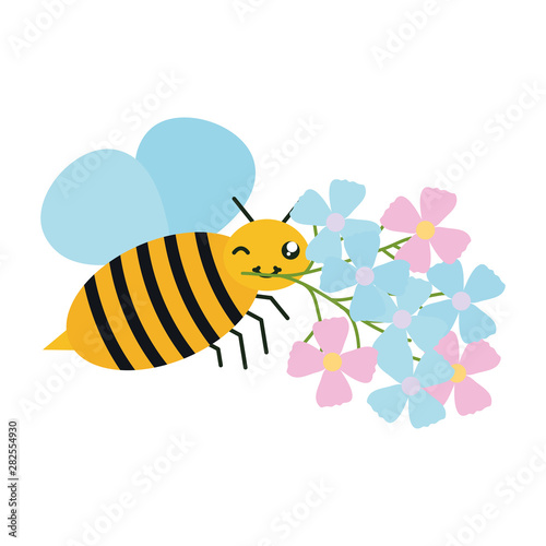 flowers garden with little bee flying kawaii character