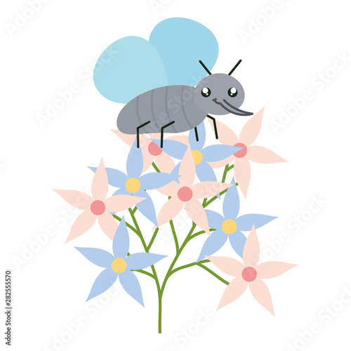 flowers garden with little insect flying kawaii character