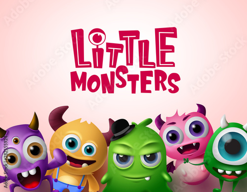 Cute little monsters 3d realistic characters vector background template. Little monsters text with empty space for messages in red background. Vector Illustration.