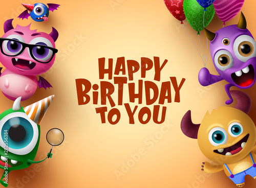 Happy birthday vector background design. Cute little monsters character with colorful party elements like balloons and hat in orange background with happy birthday text in empty space for message.