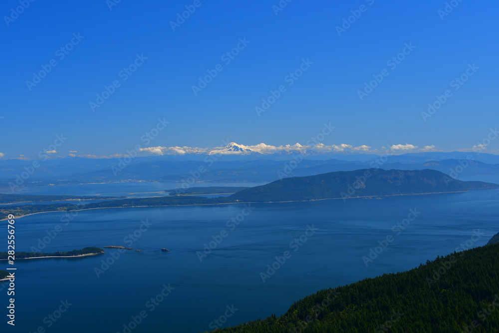 Panoramic view of the San Juan Islands with Mount Baker in the background as seen from Mount Constitution on Orcas Island, Washington