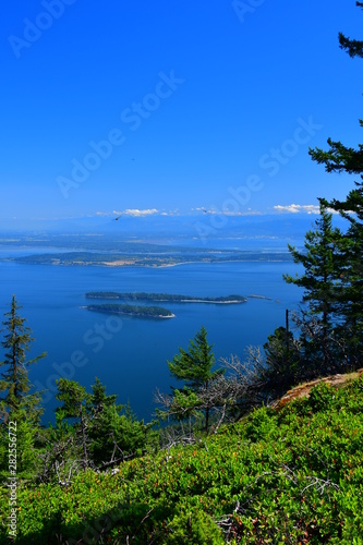 Panoramic view of the San Juan Islands with Mount Baker in the background as seen from Mount Constitution on Orcas Island, Washington