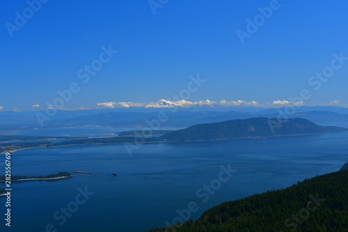 Panoramic view of the San Juan Islands with Mount Baker in the background as seen from Mount Constitution on Orcas Island, Washington