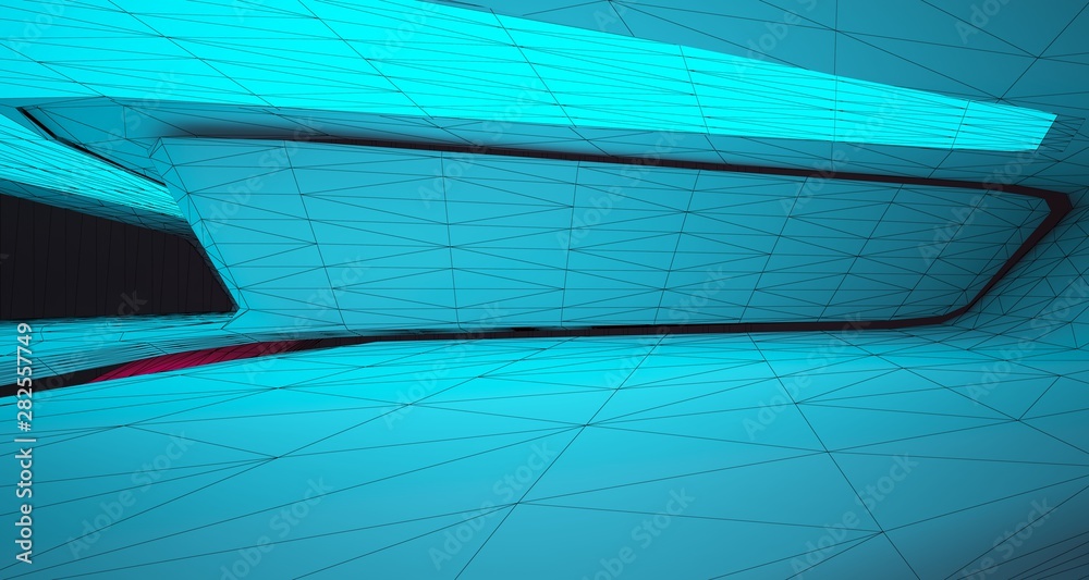Obraz premium Abstract drawing architectural white interior of a minimalist house with color gradient neon lighting. 3D illustration and rendering.