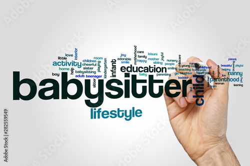 Babysitter word cloud concept on grey background