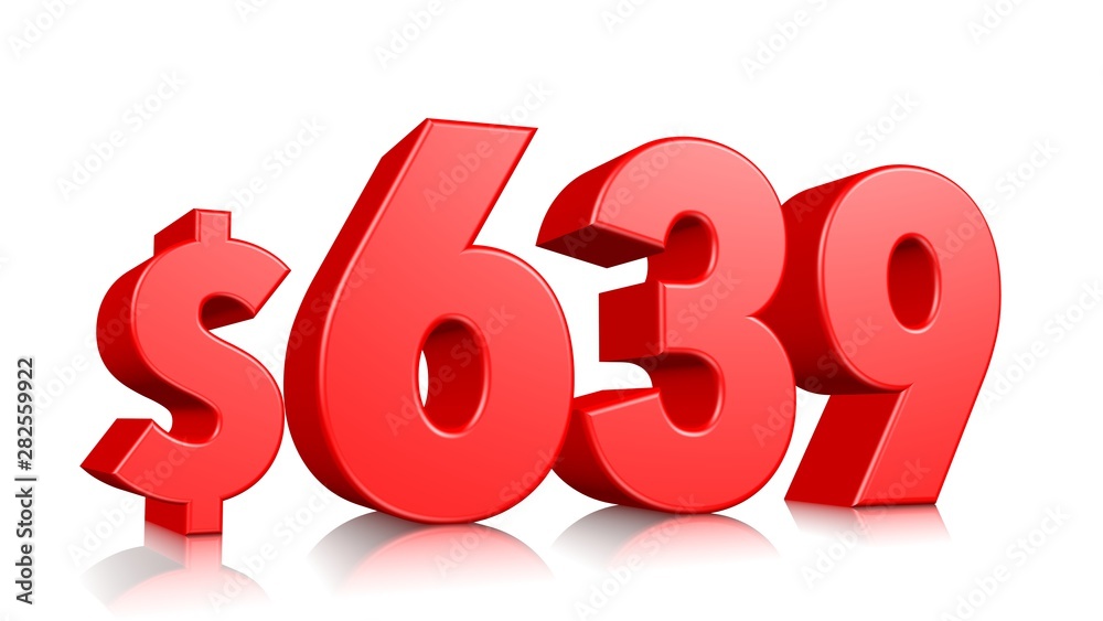 639$ Six hundred thirty nine price symbol. red text number 3d render with dollar sign on white background 639$ Six hundred thirty nine price symbol. red text number 3d render with dollar sign on white background