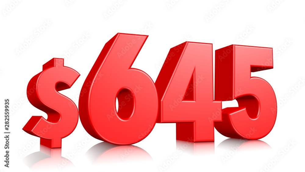 645$ Six hundred forty five price symbol. red text number 3d render with dollar sign on white background 645$ Six hundred forty five price symbol. red text number 3d render with dollar sign on white background