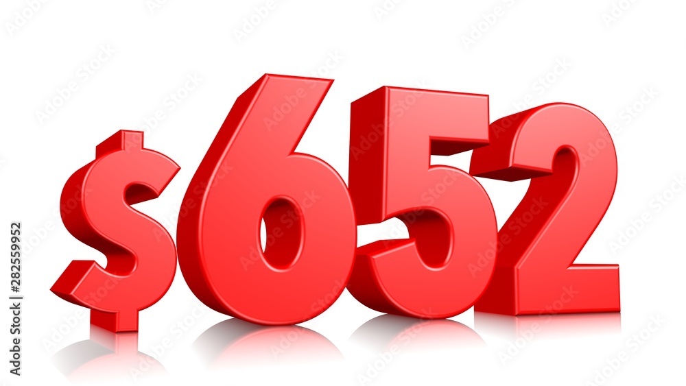 652$ Six hundred fifty-two price symbol. red text number 3d render with dollar sign on white background 652$ Six hundred fifty-two price symbol. red text number 3d render with dollar sign on white background