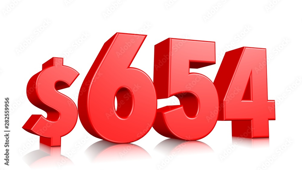 654$ Six hundred fifty four price symbol. red text number 3d render with dollar sign on white background 654$ Six hundred fifty four price symbol. red text number 3d render with dollar sign on white background