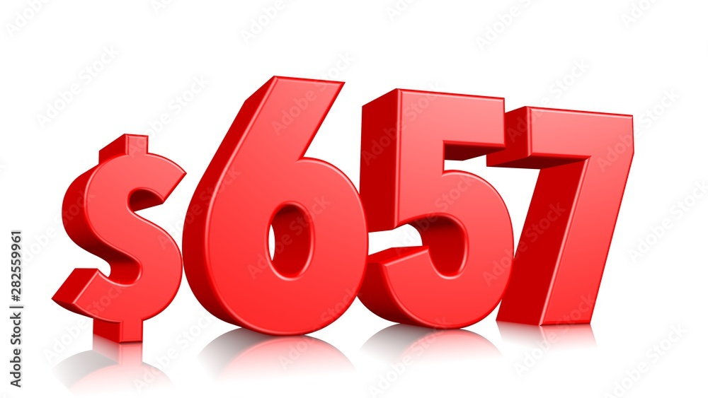 657$ Six hundred fifty seven price symbol. red text number 3d render with dollar sign on white background 657$ Six hundred fifty seven price symbol. red text number 3d render with dollar sign on white background