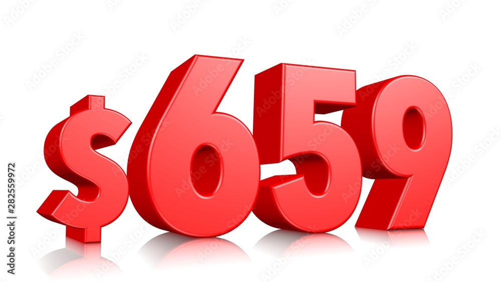 659$ Six hundred fifty nine price symbol. red text number 3d render with dollar sign on white background 659$ Six hundred fifty nine price symbol. red text number 3d render with dollar sign on white background