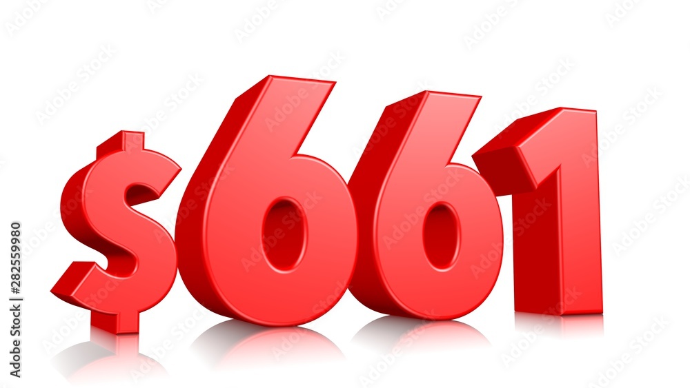 661$ Six hundred sixty one price symbol. red text number 3d render with dollar sign on white background 661$ Six hundred sixty one price symbol. red text number 3d render with dollar sign on white background