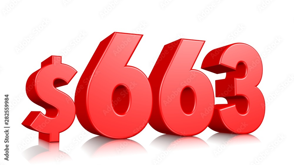 663$ Six hundred sixty three price symbol. red text number 3d render with dollar sign on white background 663$ Six hundred sixty three price symbol. red text number 3d render with dollar sign on white background