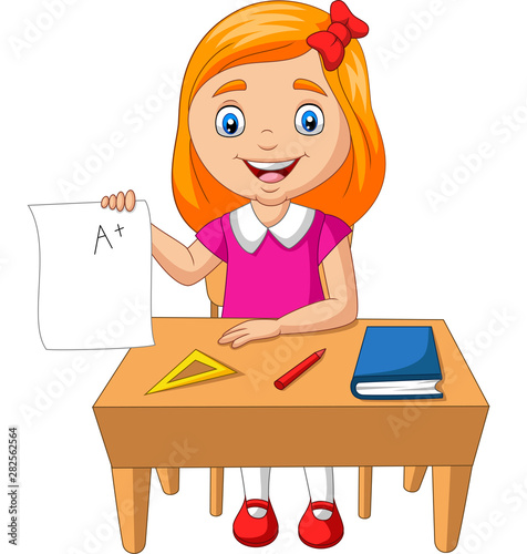 Cartoon little girl holding paper with A plus grade
