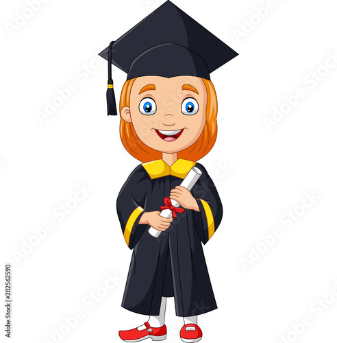 Cartoon girl in graduation costume holding a diploma