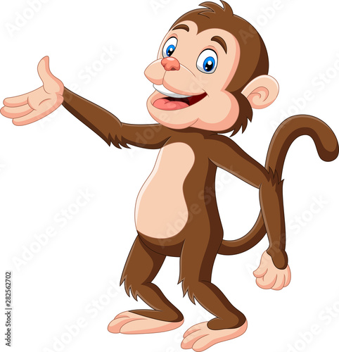 Cartoon happy monkey presenting on white background